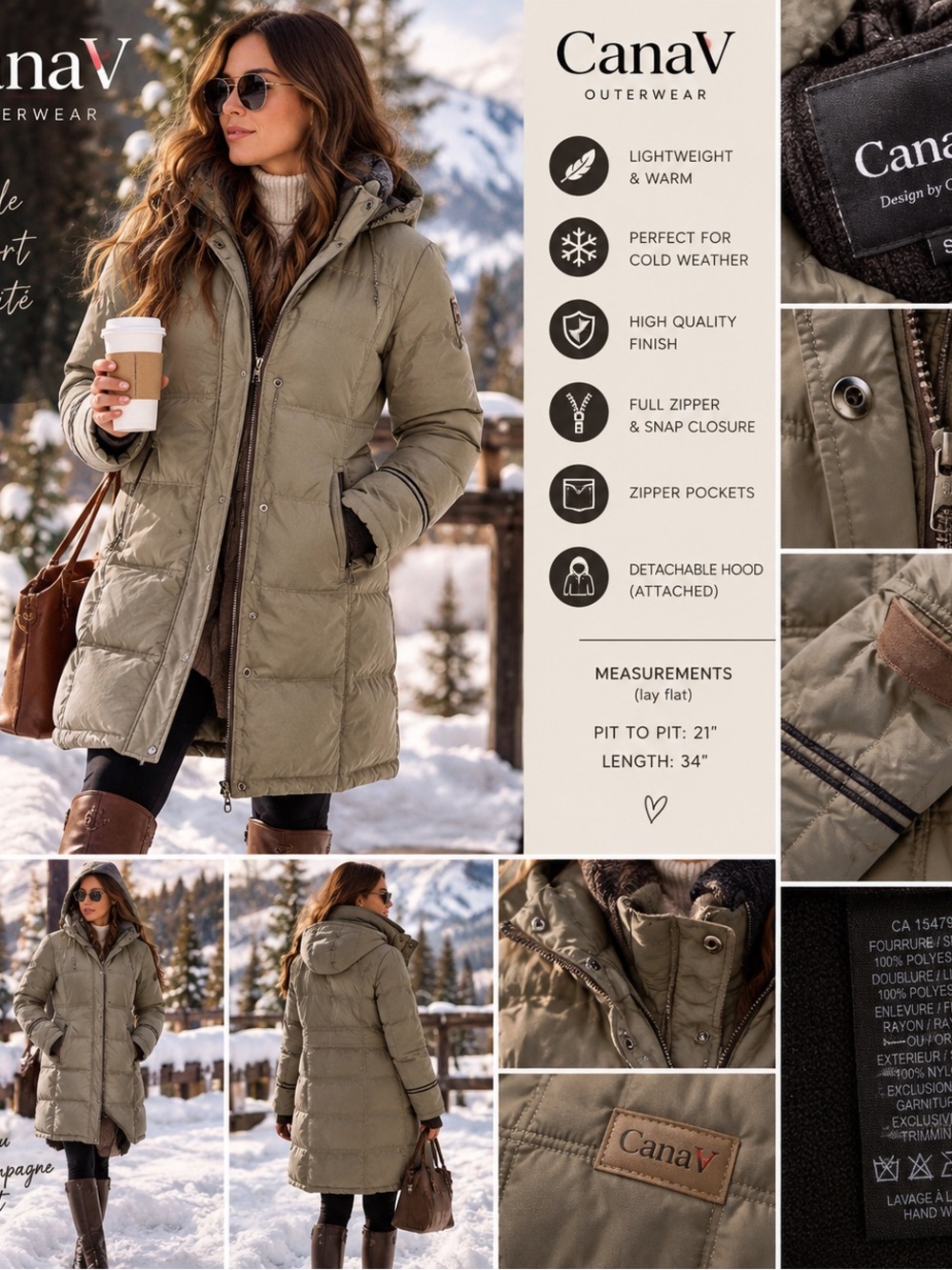 CanaV Luxury Long Down Puffer Winter Coat – Champagne Beige – Size S